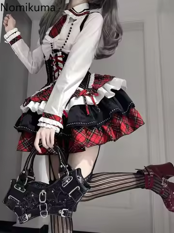 Japanese Women 3 Piece Sets Long Sleeve White Shirt Bandage Tunic Corset Patchwork Plaid A-lline Min