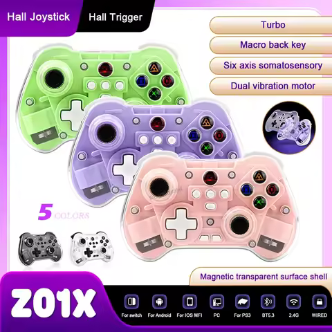Z01X Transparent Wireless Game Controller BT 6-Axis Motion Sensor Turbo Programmable Hall Joystick f