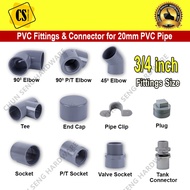 3/4 inch PVC Pipe Fitting Connector Elbow PT Elbow Tee Socket PT Socket Valve Socket End Cap Plug Ta