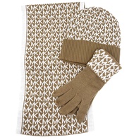 Michael Kors Women's Circle Logo Scarf, Hat, Glove Set, Camel/Cream, Camel/Cream