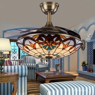 SMT💎Ceiling Fan Light Tiffany Living Room Dining Room Fan 36 42 Inch Mediterranean Fan Light Retro Ceiling Fan Remote Co
