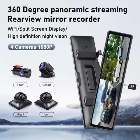 Adinkam 4CH Mstar Dash Cam 12 ''WIFI Rear View Mirror 4 Cameras Side Fisheye Golden Lens Full HD Nig