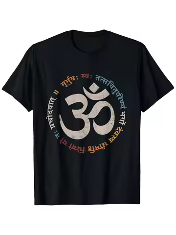 Gayatri Mantra Om Symbol Sanskrit Graphic Tee Loose Fit Casual Short Sleeve T-Shirt Men Women