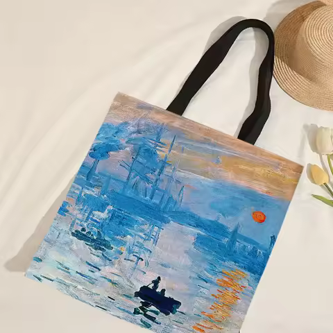 Claude Monet Series Print Canvas Bag, Lightweight Shoulder Bag, Grocery Bag, Multifunctional Handbag