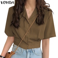 Vonda Women Korean Casual Placket Short Sleeve Pleated Solid Blazer