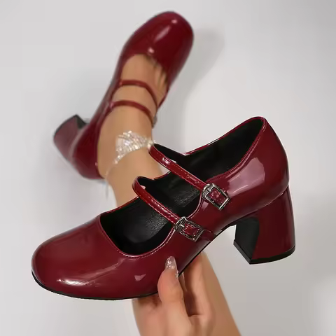 2026 Spring Women Wine Red Patent Leather Double Strap Round Toe Block Heel Mary Jane Shoes Elegant 