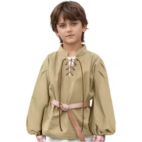 Medieval Pirate Shirt Outfit Lace Up Halloween Fashionable Top For Niño Renaissance Enfant Tunic Fan