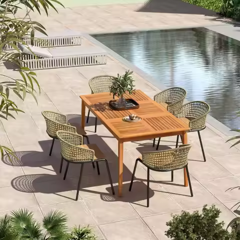 Wooden Outdoor Dining Table for 6, 67 x 35 Rectangular Acacia Wood Slatted Patio Table w/Umbrella Ho