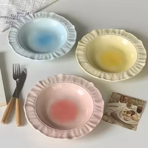 French Irregular Embossed Lace Plate Fruit Plate Pasta Plate Retro Solid Color Skirt Plate Cream Pla