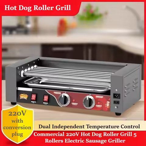 Commercial 220V Hot Dog Roller Grill 5 Rollers Electric Sausage Griller with Temperature Control for