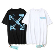 Simple Trendy OFF Trendy Trendy WHITE OW Blue Paint Graffiti Arrow Print Short Sleeve Men Women Casu
