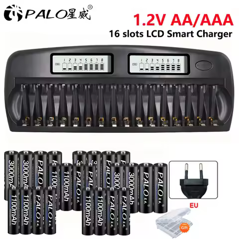 PALO 1.2V AA AAA NIMH Rechargeable Battery+16 slots LCD Smart AA AAA Battery Charger Safe intelligen