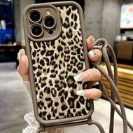 เคสโทรศัพท์แฟชั่นลายเสือดาวมินิมอลน่ารัก, สายคล้องคอสีน้ำตาลร่องเรียบง่าย, เข้ากันได้กับ IPhone 16/ 