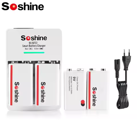 Soshine 4PC 9V 6F22 680mAh Rechargeable Battery and 2 Slots Smart EU US Battery Charger Ni-MH Li-ion