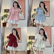 Set shirt with inner shirt A.719, Half-sleeved shirt set combined with 3 bows and dynamic tank top -