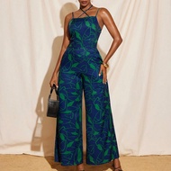 Summer Printed Spaghetti Criss Cross Tie Straps Wide-Leg Jumpsuits Women Vacation Casual Party Outfi