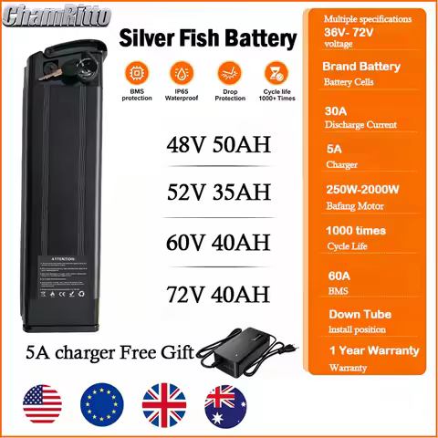 Ebike 48 volt 30ah 1000W Silver Fish battery s26 750W 20ah lithium battery 36v 52v 60v 72v Electric 