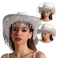 DOU Beaded Cowgirl Hat Shimmering Strass Tasseled Cowgirl Hat for Bride Wedding