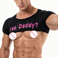 Men's "Yes Daddy?" Print Super Crop Top Short Sleeve Stretchy Club Party Tee