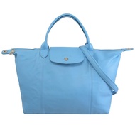 Longchamp Le Pliage Cuir 折疊小羊皮短把兩用包.水藍 #1515