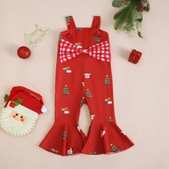 Christmas Theme Children's Jumpsuit Red Green Color Matching Sisters Outfit Strap Bow Flared Pants 1