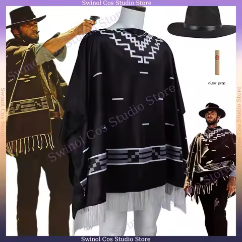 Clint Eastwood Poncho Cowboy Movie Cosplay RDR2 Serape Aztec Pattern Men Black Fringed Shawl Cloak H