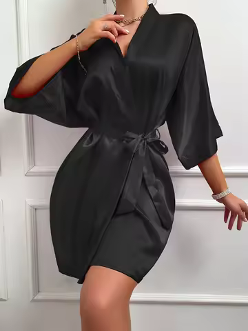 ‌ Silk Satin V-Neck Robe Belted 3/4 Sleeve Loungewear & Lightweight Bathrobe for All Seasons ‌