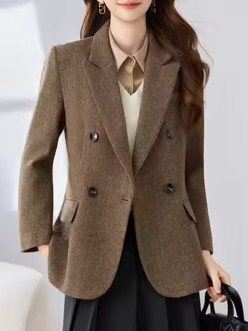 Houndstooth Peak Lapel Double-Breasted Blazer with Split Hem Design Elegant Solid-Color Professional