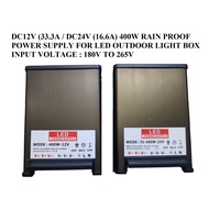 Lampu LED Rain Proof Power Supply DC12V / DC24V 400W for Light Box
