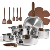 CAROTE 19pcs Tri-Ply Stainless Steel Cookware Set with Detachable Handle