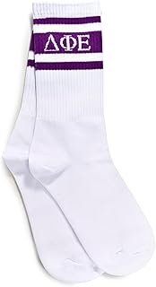 Delta Phi Epsilon Socks - Striped Varsity Crew Socks with Sorority Greek Letters