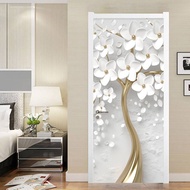 【SA wallpaper】 Custom Self-Adhesive Door Stickers 3D Stereo White Flowers Mural Wallpaper Home Decor Door Waterproof Sticker
