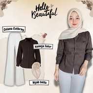 KEMEJA Women's Fashionable Suit (Striped Shirt, Cutbray Pants, Bella Hijab) Look Chic Trendy - WS77