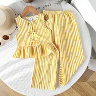 Young Girls' Yellow Printed Striped Bow Suit,Summer Matching Family Vacation Holiday Outfit For Sist