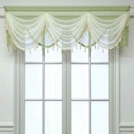 Solid Green White Two Layers Sheer Crossed Swag Curtain Valance with Beads Victorian Drapes Elegant Treatment Valances Topper Linen Textured Rod Pocket 1 Panel