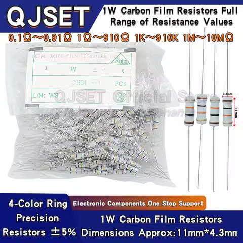 500pcs 1W Carbon Film Resistors 5% 10 Ohm 33 47 100 200 220 470 510 Ohm 1K 4.7K 10K 22K 33K 47K 100k