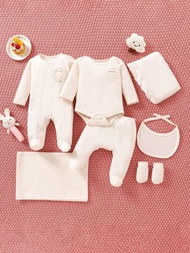 SHEIN 寶寶女孩7件套裝連禮盒：連體衣、褲子、連身衣、毛毯、圍兜、帽子和手套