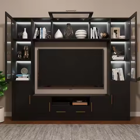 4-Piece Entertainment Wall Unit, Multifunctional TV Stand with Tempered Glass Door/LED Lights, Up-Fl