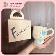 Hand-painted butterfly-shaped ceramic cup, embossed bow on base 400ml, with lid and spoon | Meaningf