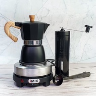 ชุด moka pot 4 ชิ้น เตาไฟฟ้า imix+3c(แถมกระดาษกรอง)+ที่บดกาแแฟมือหมุน (สแตนเลส)+ช้อน 2in1 หม้อต้มกาแฟ espresso พร้อมที่บดกาแฟ กาต้มกาแฟ