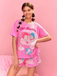 HELLO KITTY AND FRIENDS | SHEIN 女士夏季卡通夢幻多巴胺小雙星粉色T恤和短褲睡衣套裝