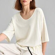 2026SS Summer New Women's Loose Knit Top,Off-White Casual Loungewear,Elegant Viscose U-Neck 3/4 Slee