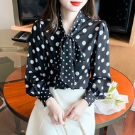 Áo Sơ Mi trung niên nữ U30 U40 U50 Áo Sơ Mi Nữ Đẹp Tay Dài Cổ Chấm Bi Bé Thắt Nơ Cao Cấp HT_ Thời Tr