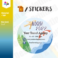 Customise travel agency sticker company customize stickers website phone number simple colourful AI 
