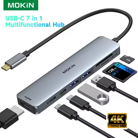 MOKiN 7 in 1 USB Hub USB Type C Hub to 4K60hz HDMI 5Gbps USB3.0 SD/TF Card Reader 100W PD3.0 for Mac