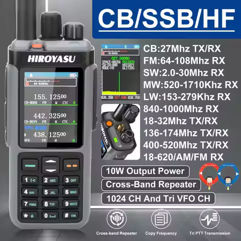 HIROYASU HW-UV938 HF Walkie Talkie SW MW LW 18-620MHz 840-1000MHz Air Band Full Band Cross-Band Repe
