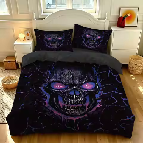 3PCS Cool Dark Purple Light Skull Duvet Cover Set Soft Decorative Bedding No Insert Machine Washable