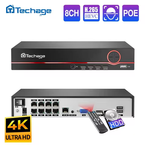Techage H.265 8CH POE NVR 4K 8MP 5MP 4MP 1080P Power over Ethernet IP NVR Two-way Audio Face/Human D
