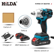 HILDA 2 baterai Cordless Impact Wrench 48VF Brushless mesin bor / Mesin Buka Baut Driver / batterai /charger/Mata/koper/Untuk Ban Sepeda Motor Dan Mobil