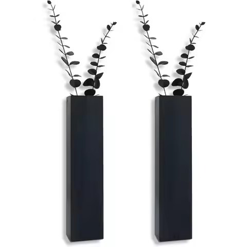 2Pack Wooden Wall Planter with 4 Fake Eucalyptus Stems Hanging Wood Vase Modern Farmhouse Bathroom W